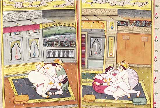Buch mit 10 Miniaturmalereien, Indien, 19. Jh. Gouachen auf Papier, erotische Darstell., je ca. 15,5 x 10 cm, Seiten handbeschrieben, teils ...