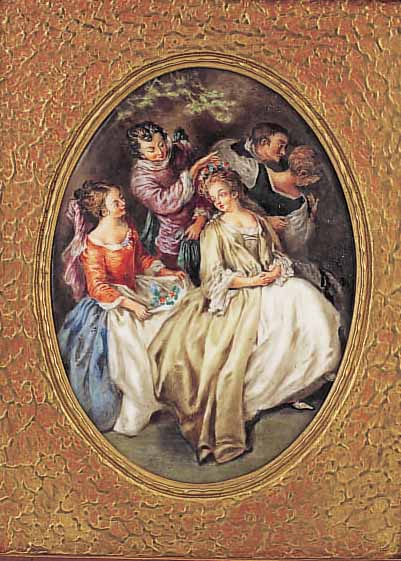 PORZELLANMALEREI, DEUTSCH, 20. JH., FEINE BUNTE MALEREI NACH J.BAPTISTE PATER, IM OVAL CA. 17 X 12.5 CM, R.