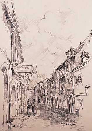 DEEGE, HEINRICH, GEB. 1920 HAßLOCH, TäTIG IN NEUSTADT, STRAßENANSICHT MIT WEINSTUBE HER- BERGE IN NEUSTADT, BLEISTIFTZEICHNUNG, HAND- SIGNIERT, ...