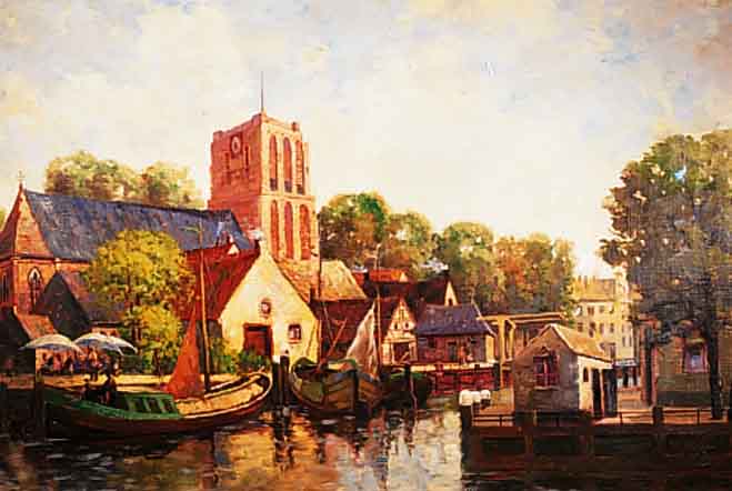 VAN DER BEER, GASTON, 1890-1953, STADTANSICHT MIT HAFEN, ÖL/LWD, LI. U. SIGN., ZWEI KL. RESTAURATIONEN, CA. 70 X 100 CM, R.