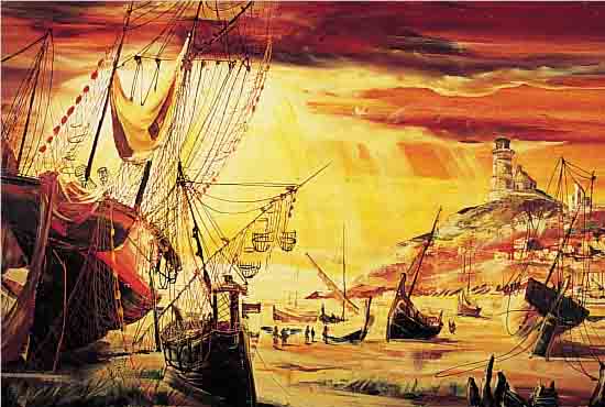 HEYGAMER, JOAQUIN, GEB. 1932, KüSTENANSICHT MIT STADT UND SEGELSCHIFF, ÖL/LWD, ZWEI RESTAURIERTE RISSE, RE. U. SIGN., CA. ...