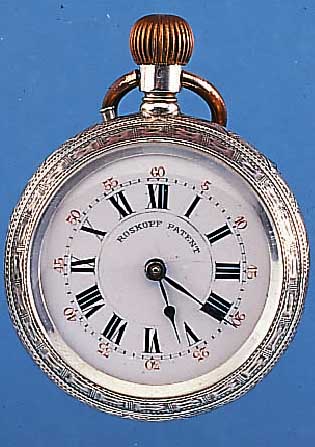 ROSKOPF PATENT HERRENTASCHENUHR LEON SCHMID, REF.-NR. 2851/10, SCHWEIZ UM 1900, 800ER SILBER, RUNDUMGRAV., BLüTENDEKOR, ORIG.-EMAIL-BL. FEIN ...