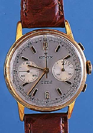 EDOX ARMBANDCHRONOGRAPH, REF.-NR. 24320, SCHWEIZ UM 1960, METALL HART VERG., EDELST.- BODEN U. GLASR. GEDR., VERS. ORIG.-BLATT, ...