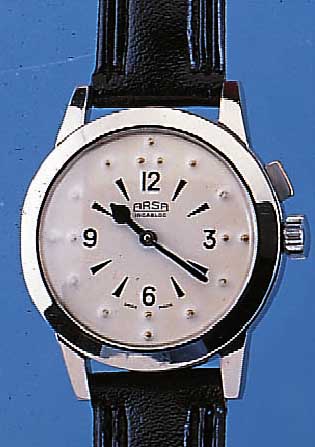 ARSA BLINDENARMBANDUHR, REF.-NR. 63427/1, SCHWEIZ UM 1964, METALL VERCHR., EDELST.-BODENGEDR., VERGL. M. SPRUNGDECKELEFFEKT M. DRüCKERAUßEN 2, ...