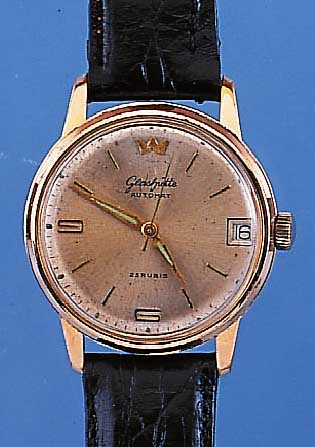 GLASHÜTTE HERRENARMBANDUHR AUTOMAT, REF.-NR.65991, DEUTSCHLAND UM 1958, METALL HARTVERG., EDELST.-BODEN GEDR., VERS. BLATT FL., ZENTRAL-ROTOR, 25 ...