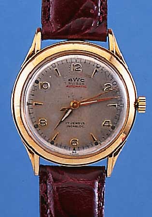 BWC HERRENARMBANDUHR AUTOMATIK, REF.-NR. 758000, SCHWEIZ UM 1952, GG 585/000, BODEN GEDR., VERS. ORIG.-BLATT, ALTERSBED. FL., VERG. ...