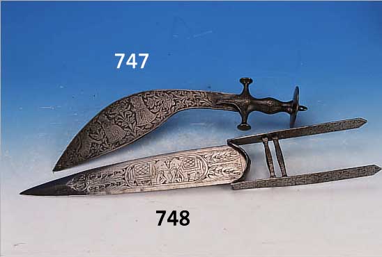 KRUMMDOLCH, NORDINDIEN, UM 1880-90, EISEN GESCHMIEDET, L. CA. 46 CM, REICH GRA- VIERT MIT BLUMEN, TIEREN UND FIGUREN, LACKIERT