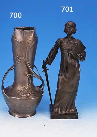 SKULPTUR DER JUSTITIA, KAYSER, SIGN. W. ZWICK,UM 1900, ZINN BRONZEFARBEN PATINIERT, H. CA. 37 CM