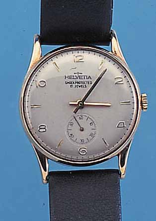 HELVETIA HERRENARMBANDUHR, REF.-NR. 82267, SCHWEIZ/ENGLAND UM 1940, 9KT ROSE-G., BODEN U.GLASR. GEDR., BLATT REST., 17 ST., SELTENES ...