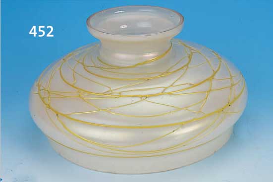 LAMPENSCHIRM, LöTZ, UM 1900, FARBLOSES GLAS, D. CA. 34 CM, H. CA. 16.5 CM, MILCHGLASINNENüBERFANG, AUFGE-, LEGTER ...