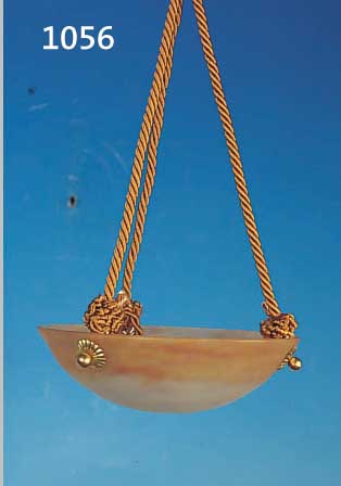 DECKENLAMPE, SIGN. DAUM NANCY, 30ER JAHRE, SCHALE PATE-DE-VERRE MIT ORANGEROTEN U. GELBENEINPUDERUNGEN, KORDELMONTUR SEK., EINE BRENN- STELLE, ...