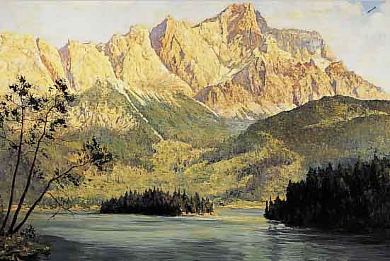 THAMM, WALTER, GEB. 1885 BERLIN, SCHüLER DER AKADEMIE LEIPZIG, SCHüLER VON ORLIK, HIER: EIBSEE UND ZUGSPITZE, ÖL/LWD, RE.U. SIGN., ...