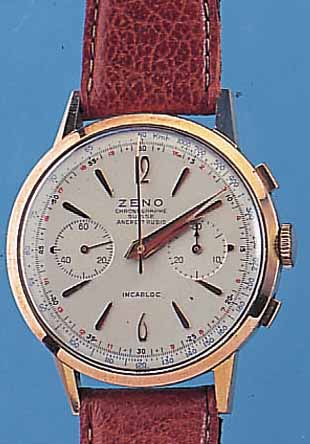 ZENO ARMBANDCHRONOGRAPH, REF.-NR. 5630, SCHWEIZ UM 1962, METALL HARTVERG., EDELST.- BODEN U. GLASR. GEDR., ORIG.-BLATT, 30-MIN.- ...