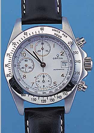 ORFINA ARMBANDCHRONOGRAPH AUTOMATIK, SCHWEIZUM 1998, EDELST. TEILW. POL., TEILW. SAT., BODEN, KRONE U. DRüCKER GESCHR., BEI FERTIGST.WASSERD. ...