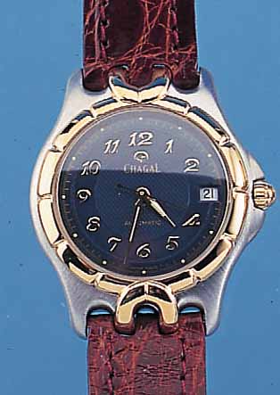 CHAGALL HERRENARMBANDUHR AUTOMATIK, REF.- NR. 01I51CL, SCHWEIZ UM 1995, EDELST. SATIN., BODEN U. GOLDKRONE GESCHR., LüNETTE HARTVERG.,BOMB. ...