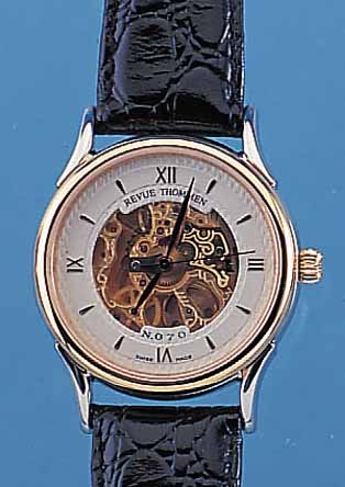 REVUE THOMMEN HERRENARMBANDUHR SKELETTON, REF.-NR. 5414001, SCHWEIZ UM 1995, EDELST. POL., BEIDS. SAPHIRVERGL., KRONE U. LüNETTE HARTVERG., ...