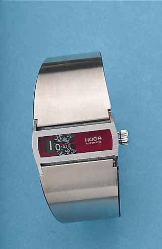 HOGA HERRENARMBANDUHR AUTOMATIK, METALL HARTVERCHR., EDELST.-DOPPELSPANGEN M. FALT- SCHL., INNEN M. KAUTSCHUK AUSGEL., DIGITALE ANZ., STD. ...