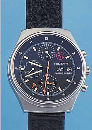 ORFINA ARMBANDCHRONOGRAPH MILITARY (PORSCHE- DESIGN), SCHWEIZ UM 1992, EDELST. MATT., BODEN U. KRONE GESCHR., BEI FERTIGST. WASSER- GESCH., ...