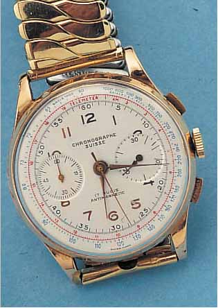 VALJOUX ARMBANDCHRONOGRAPH, SCHWEIZ UM 1948,ROSE-G. 750/000, BODEN U. GLASR. GEDR., ME- TALLCUV. ZUR ARMIERUNG, BLATT REST., BEZ. CHRONOGRAPHE ...