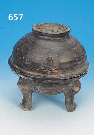 DUFTGEFäß, CHINA, HAN-DYNASTIE, 206 V. 220 N. CHR., HART GEBRANNTER GRAUER KERAMIKSCHER- BEN MIT SCHWARZER GLASUR, RESTE WEIßER UND ROTER ...