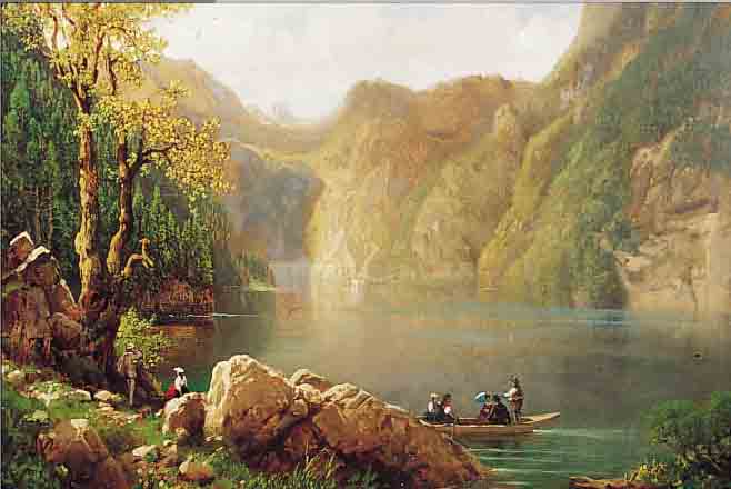 ROTTMANN, LEOPOLD, 1812 HEIDELBERG-1881 MüN- CHEN, BRUDER DES CARL R., HIER: AM KöNIGSEE,KAHNPARTIE, ÖL/LWD, RESTAURIERT, LI. U. SIGN.,CA. 46 X ...