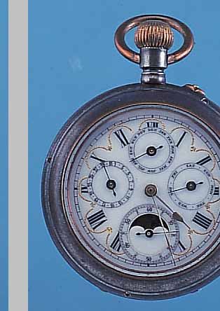 HERRENTASCHENUHR LEPINE, REF.-NR. 27721, SCHWEIZ UM 1902, STAHL BRüN., EMAILBL. M. GOLDGEPR. MINUTERIE, VOLLKALENDERANZ. INCL. MONDPHASE, ...