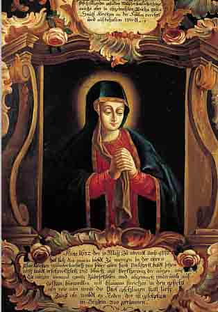 UNBEKANNTER MALER DES 18. JH., STIFTUNGSBILD, MUTTER GOTTES IM SCHREIN, UMGEBEN VON VELUTEN, INSCHRIFTEN üBERMALT, DOUBLIERT, TEILS ...