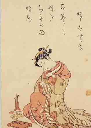 FARBHOLZSCHNITT HARUNOBU, UM 1717-70, 19,5 X 13,5 CM, SITZENDE ASIATIN, L. FLECKIG, L. ALTERSSCHäDEN