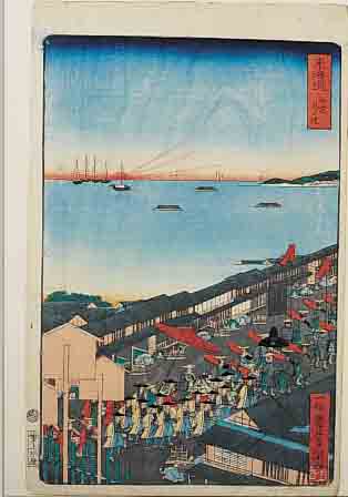 FARBHOLZSCHNITT HIROSHIGE, NACHFOLGE UM 1840/50, 37 X 23 CM, PARADEDARSTELLUNG, MIN. ALTERSSCHäDEN