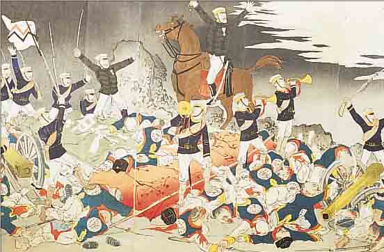FARBHOLZSCHNITT JAPAN, UM 1901/02, DREITEILIG 73 X 36,5 CM, BOXERAUFSTAND, ZUSAMMENGESETZT, AN DEN RäNDERN, LEICHT ...
