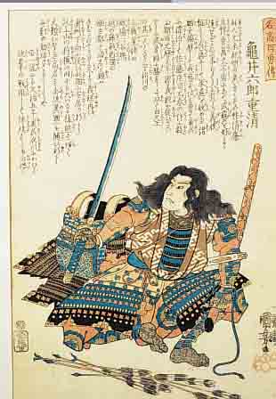 FARBHOLZSCHNITT, JAPAN, UM 1830/40, SAMURAI-KRIEGER, KUNIYOSHI, 35,5 X 23 CM L. ALTERSSPUREN, BEZ.
