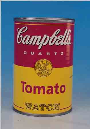 KüNSTLERUHR NACH ANDY WARHOL, MIT MOTIV CAMPBELLS TOMATO SOUP, QUARTZWERK, IN NACH- EMPFUNDENER DOSE