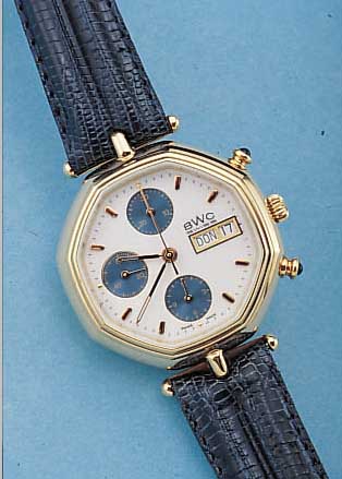 BWC ARMBANDCHRONOGRAPH, REF.-NR. 905-3313-2,SCHWEIZ UM 1996, METALL HARTVERG., EDELST.- BODEN GEDR., SCHMUCKDR., HANDAUFZ., BASISKAL. VALJOUX, ...