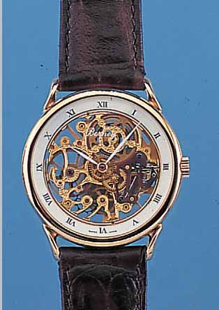 BERNEY HERRENARMBANDUHR SKELETT, SCHWEIZ UM 1993, METALL HARTVERG., BEIDS. MINERALVERGL., SCHMUCKGRAV. U. SKELETT. SICHTWERK, 17 ST., ...