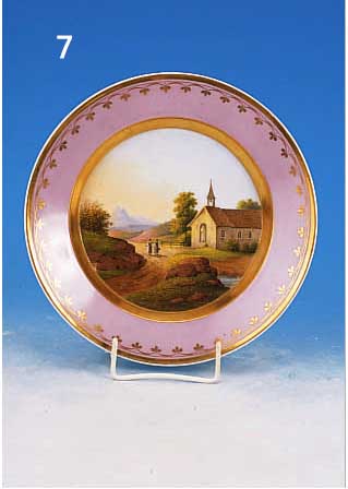 ZIERTELLER, KPM BERLIN, UM 1840, PORZELLAN, VIOLETTER RAND MIT GOLDDEKOR, MITTIG SEHR FEINE BUNTE LANDSCHAFTSMALEREI MIT ...