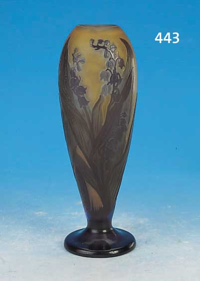 VASE, FRANKREICH, SIGN. GALLé, UM 1905, GELB EINGEPUDERTES GLAS MIT VIOLETTEM ÜBERFANGGESCHNITTEN, GESCHLIFFEN UND GEäTZT, ...