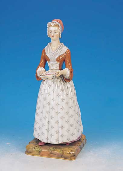 GROßE PORZELLANFIGUR, MEISSEN, UM 1860, 1. WAHL, DIE SCHOKOLADENLADY, DIENST- MäDCHEN MIT TABLETT, BUNT BEMALT, H. CA. 40 CM
