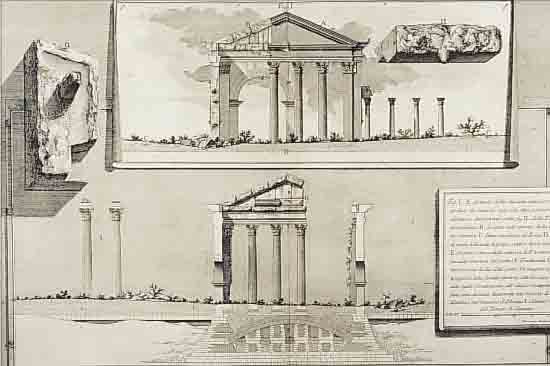 KUPFERSTICH, PIRANESI, 18. JH., DETAILANSICHTEN EINER ANTIKEN RUINE, DOPPELBLATT MIT BUGFALTE, CA. 39 X 59 CM