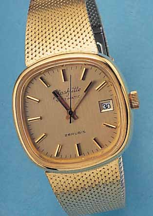 GLASHÜTTE HERRENARMBANDUHR, SPEZIMATIC, METALLGEH. VERG., EDELST.-BOD. GEDR., AB HER- ST. WASSERGESCH., ORIG.-EDELST.-BAND DOUBLE, DAT., ...