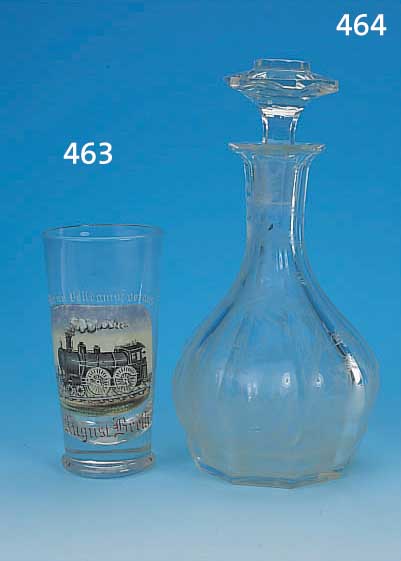 BIERGLAS, DEUTSCH, UM 1900, FARBLOSES MUND- GEBLASENES GLAS, BUNT BEMALT MIT EINER DAMPF- LOKOMOTIVE, SCHRIFT: NUR MIT VOLLDAMPF VORAUS,NAMENSZUG ...
