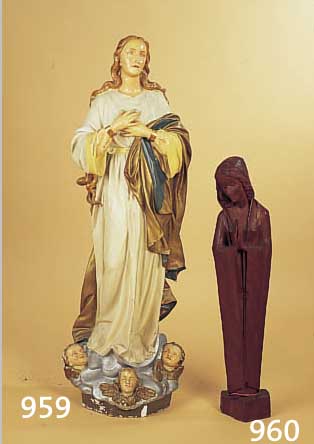 MADONNA, MüNSTER, UM 1955-60, EICHE, SIGN. M. K., L. ALTERSSPUREN, H. 74 CM