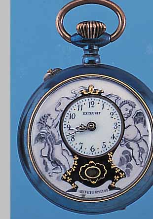 EXCLUSIV HERRENTASCHENUHR SCHEINPENDEL, SCHWEIZ UM 1912, BRüN. EDELST.-GEH., EMAILBL.,L. BESCH. AUßEN 7, GOLDPIQUETARB., AUßENTEIL ROSé, ...