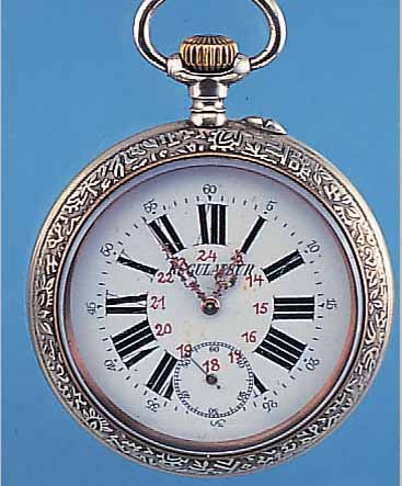 REGULATEUR HERRENTASCHENUHR DIENSTUHR, REF.-NR. 127324, SCHWEIZ UM 1908, MESSING, GEH.-BODEN U. LüNETTE M. RELIEFIERTEN HIRO- GLYPHEN, ...