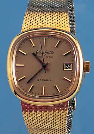 GLASHÜTTE HERRENARMBANDUHR, SPEZIMATIC, METALLGEH. VERG., EDELST.-BOD. GEDR., AB HER- ST. WASSERGESCH., ORIG.-EDELST.-BAND DOUBLE, DAT., ...