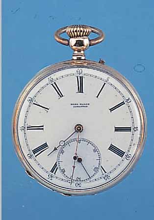 HERRENTASCHENUHR LEPINE, REF.-NR. 64575, SCHWEIZ/SCHWEDEN UM 1890, ROSE-G. 585/000 BER., EMAILBL. M. VERKäUFERSIGN. (CARL OLSEN, CARLSTAD), ...