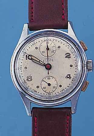 NICOLET ARMBANDCHRONOGRAPH TELDA, SCHWEIZ UM1942, METALL VERCHR., BODEN U. GLASR. GEDR., VERS. ORIG.-BLATT ALTERSBED. FARBL. GET., ...