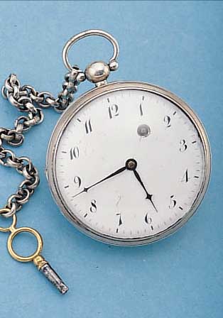 SPINDELHERRENTASCHENUHR, FRANKREICH UM 1825,SILBER, GEW. EMAILBL., GEBL. STAHLZEIGER, VERG. PLATINENW., 5-ECK PILASTER, ANTRIEB üBERKETTE U. ...