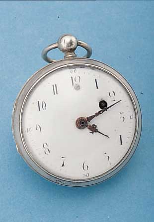 SPINDELHERRENTASCHENUHR, FRANKREICH UM 1810,SILBER, EHEM. VERG. IM GEH. ERKENNB., GEW. EMAILBL., VERG. PLATINENWERK, ANTRIEB üBER KETTE U. ...