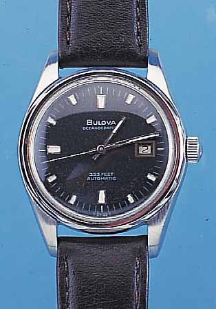 BULOVA HERRENARMBANDUHR OCEANOGRAPHER, REF.-NR. H39379, SCHWEIZ/DEUTSCHLAND UM 1962, EDELST., BODEN GESCHR., SCHW. KONTRASTZIFFER- BL., TEILW. ...