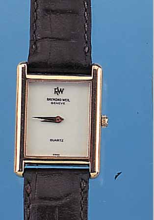 RAYMOND WEIL DAMENARMBANDUHR QUARTZ, REF.- NR. 5766/10, SCHWEIZ UM 1988, METALL HARTVER- G., ORIG.-LEDERB. M. STIFTSCHL., MINERALFLACH-GL., BODEN ...